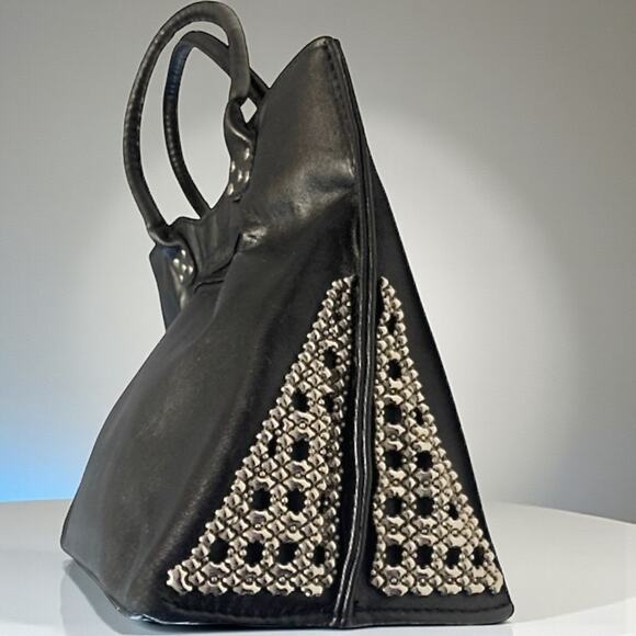 Sergio Gutierrez SG Liquid Metal Black Leather Tote Bag Italy Silver Mesh Chic - Picture 3 of 13